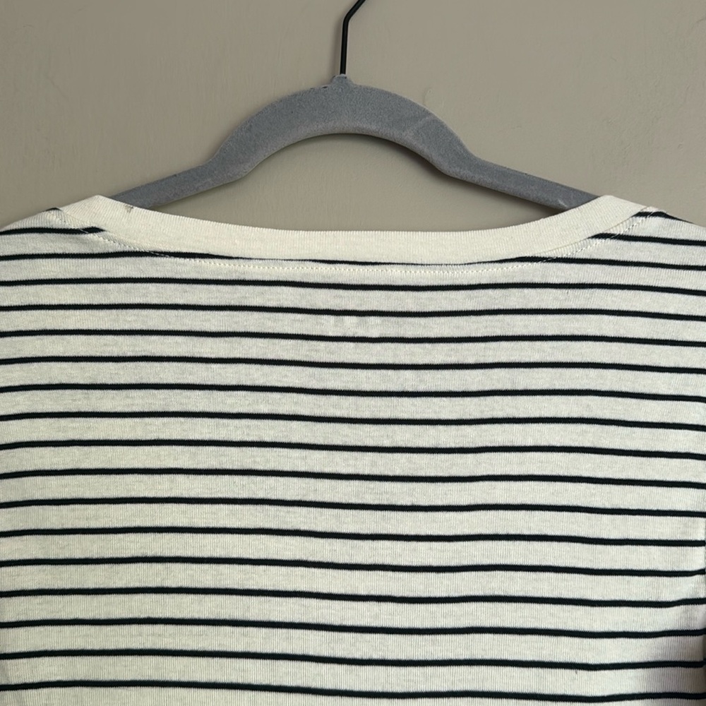 NWT- Three Dots vneck 3/4 sleeve striped shirt Egret & black striped, size XS - Picture 6 of 10